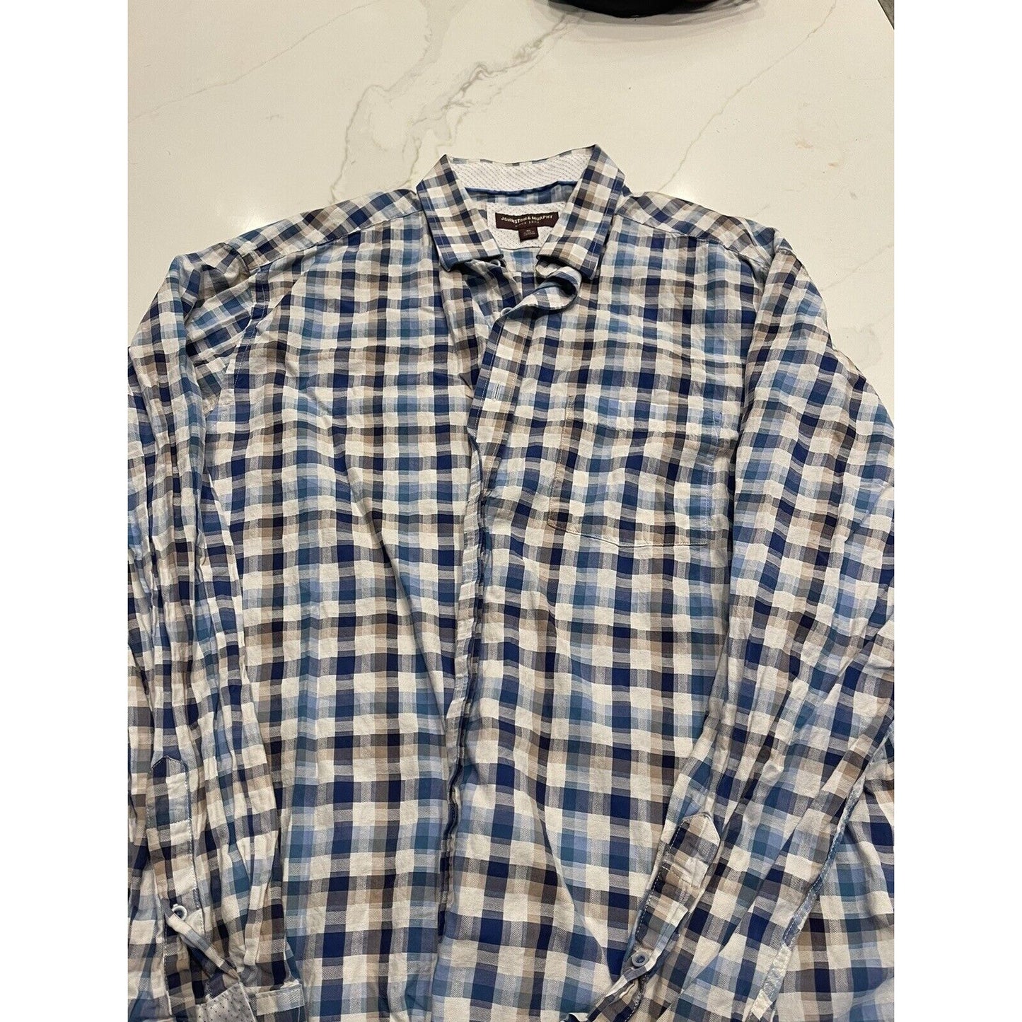 Johnston & Murphy Men's Long Sleeve Button Up Shirt Size Xl White Blue Plaid